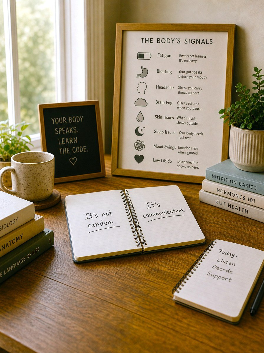 A desk with a framed chart titled The Body&rsquo;s Signals listing fatigue, bloating, headaches and brain fog, a letterboard reading Your body speaks, learn the code, and an open notebook reading It&rsquo;s not random, it&rsquo;s communication.