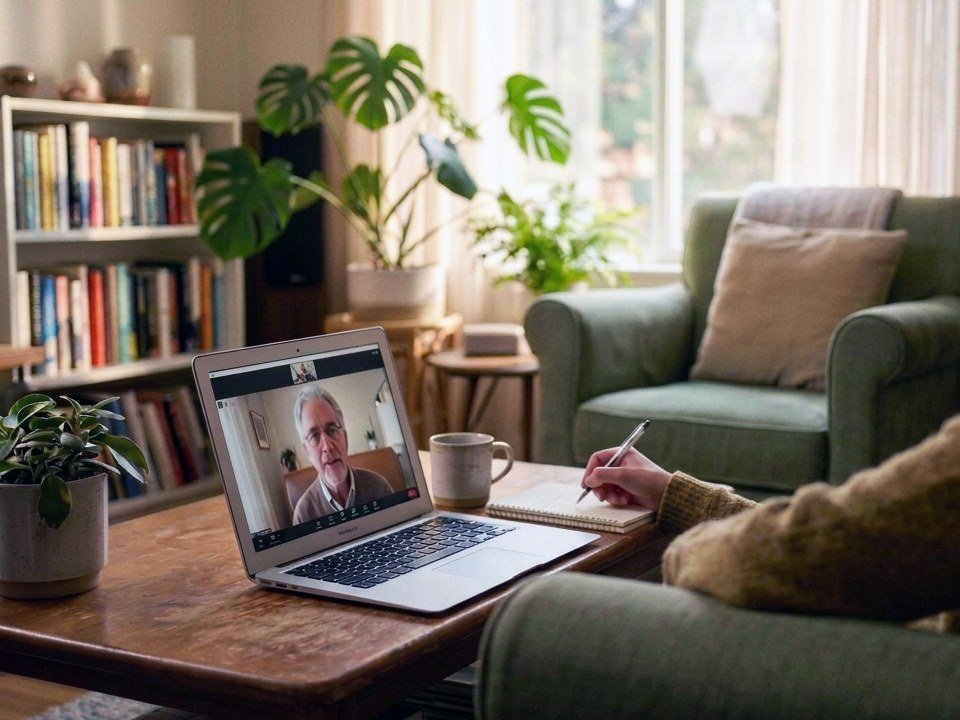 A laptop on a coffee table with a video call in progress, a notebook and pen alongside it, in a bright living room with plants and a bookshelf.